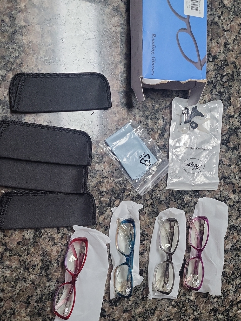 Set Of 4 Reading Glasses Pack Red, Blue, Gray, Purple Frames + 4.00 w/ cases new